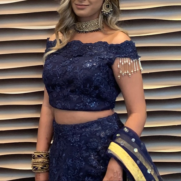 Net Indian Lengha, Navy Blue and Gold - Picture 2 of 2